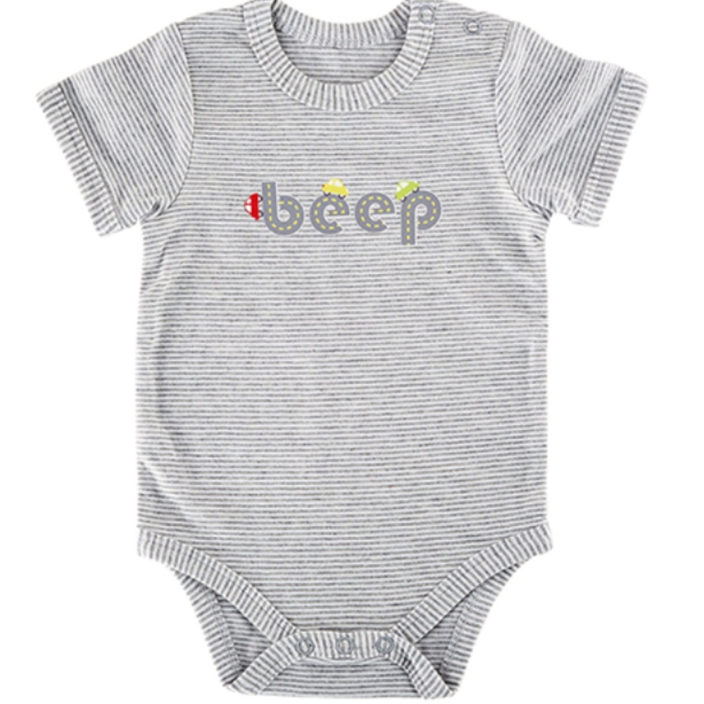 STEPHAN BABY: Infant Gray Stripe CAR BEEP Bodysuit Snap Suit 0-3mo